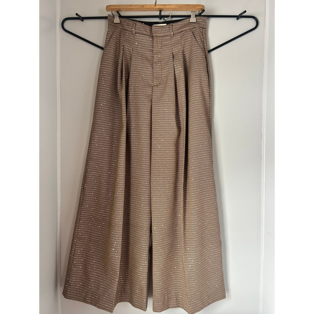 Maeve Anthropologie Brown Plaid Sequin Wide Leg Trousers High Rise Pants US 8
